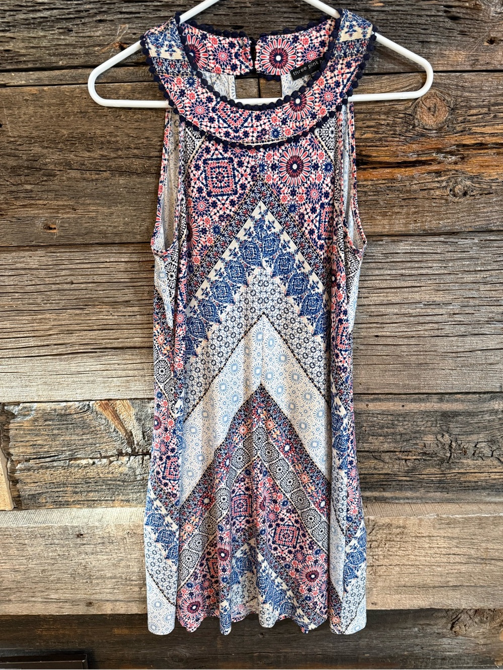 Three Hearts Blue and Pink Patterned Sleeveless Dress